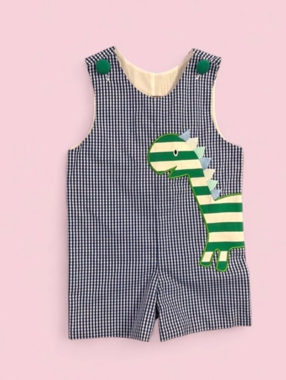 NWT Millie Jay Dinosaur Gingham Jon Jon Romper Blue Green Boys Size 18M